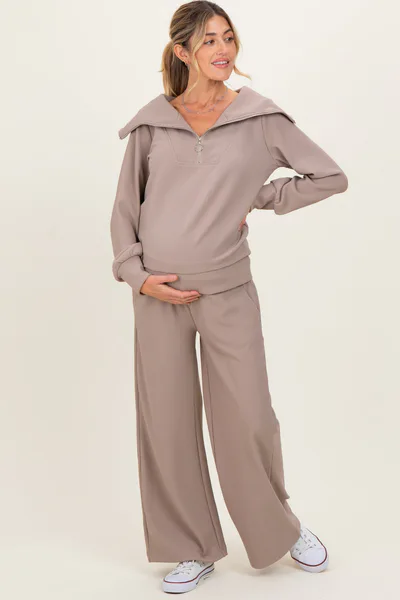 PinkBlush Mocha Ribbed Half Zip Pullover Wide Leg Pant Maternity Set