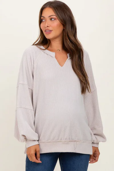 PinkBlush Beige Solid Rib Long Sleeve V-Neck Oversized Maternity Tunic Top