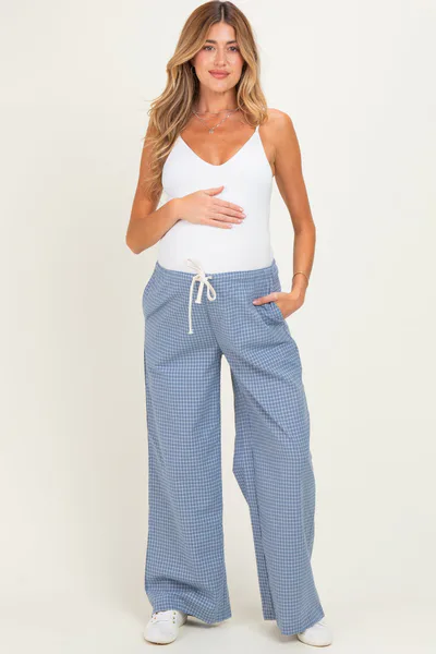 PinkBlush Blue Multi Drawstring Checkered Maternity Pants
