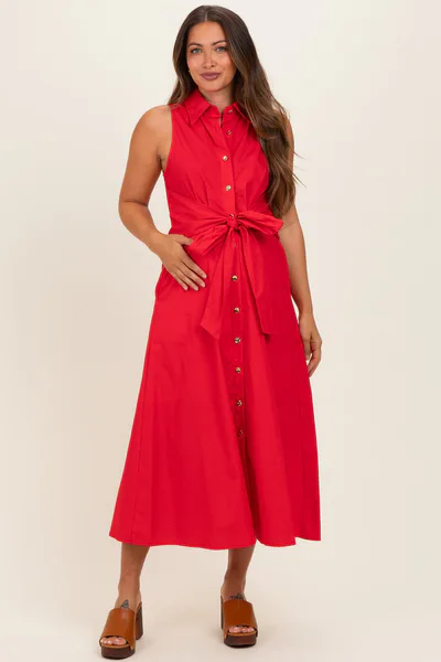 PinkBlush Red Button Up Sleeveless Maternity Midi Dress
