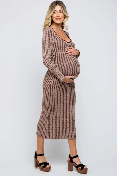 PinkBlush Brown Cable Knit Maternity Fitted Midi Dress