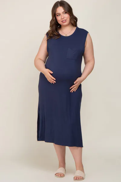 PinkBlush Navy Sleeveless Front Pocket Maternity Plus Midi Dress