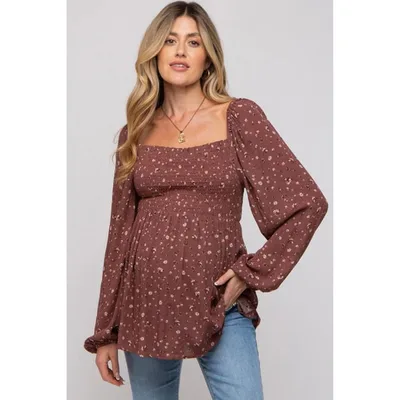 Target PinkBlush Brown Floral Smocked Long Sleeve Maternity Top