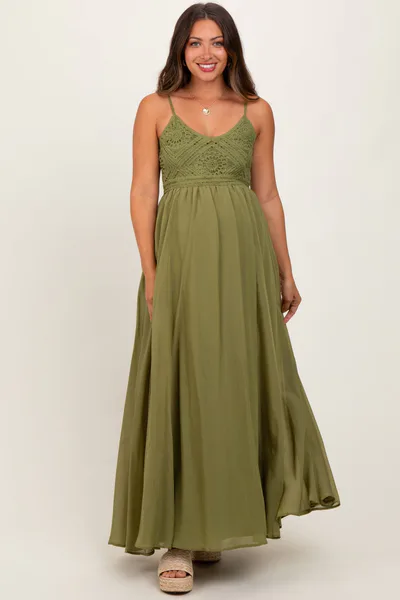 PinkBlush Green Crochet Bodice Maternity Maxi Dress
