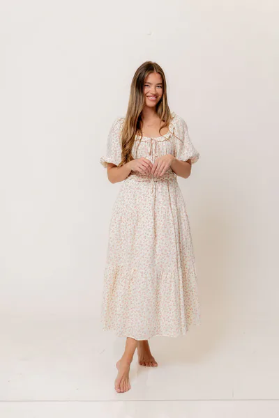 Worth Collective Landon 100% Cotton Ruched Puff Sleeve Ruffle Tiered Floral Midi Dress in Pink - Bump Friendly