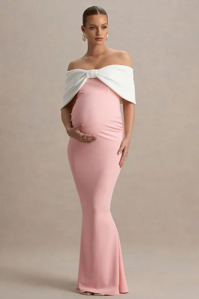 Club L London Libra | Pink & White Bow Bardot Maternity Maxi Dress