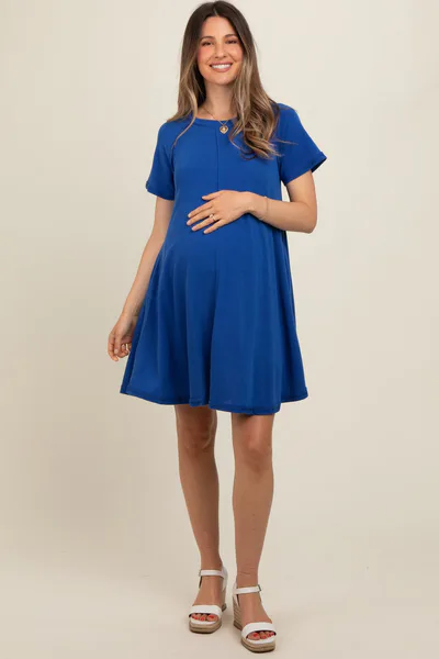 PinkBlush Royal Blue Solid T-shirt Maternity Mini Dress