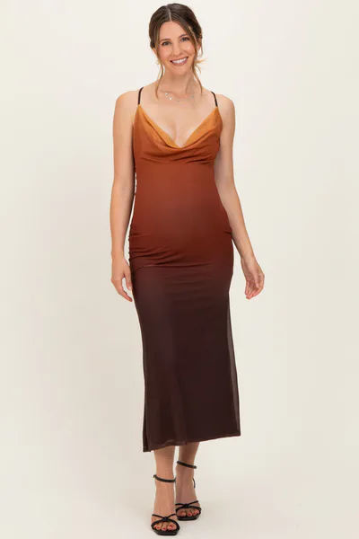 PinkBlush Ombre Brown Mesh Draped Neck Maternity Maxi Dress