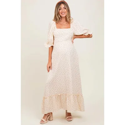 Target Pinkblush Beige Floral Print Square Neckline Maternity Maxi Dress Small