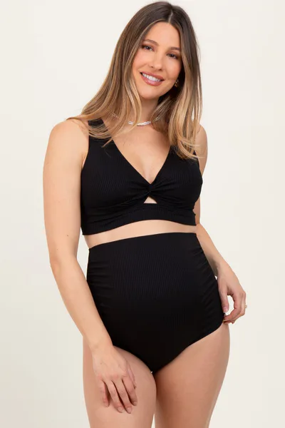 PinkBlush Black Ribbed Twist Cutout Front Maternity Swim Set