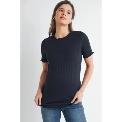 Target Hello Miz Women's Ribbed Crew Neck Short Sleeve Maternity Top with Lettuce Hem - Black - Large