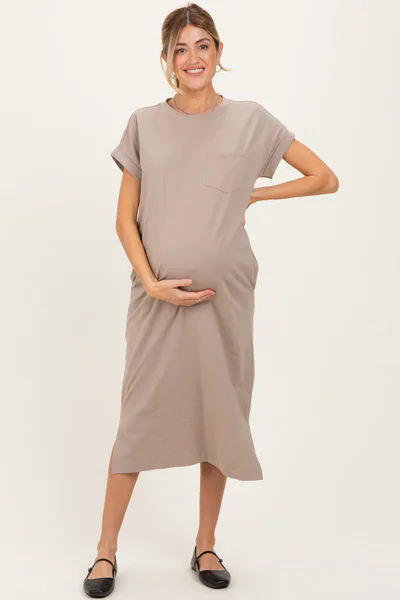 PinkBlush Beige Pocket Front Maternity Midi T-Shirt Dress