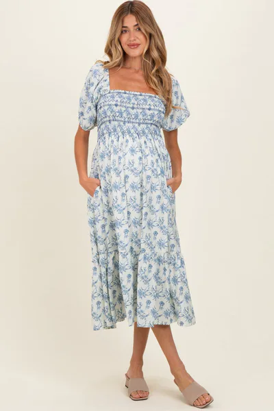 PinkBlush Porcelain Blue Floral Smocked Puff Sleeve Maternity Midi Dress