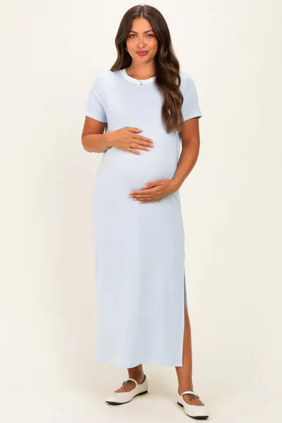 PinkBlush Ivory/ Light Blue Striped Short Sleeve Maternity Maxi Dress