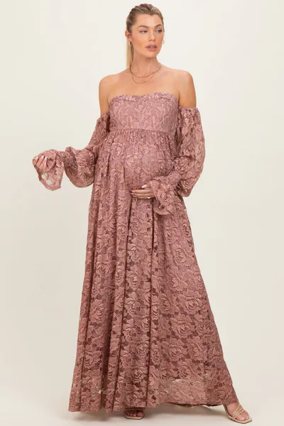 PinkBlush Mauve Lace Off Shoulder Long Sleeve Maternity Maxi Dress
