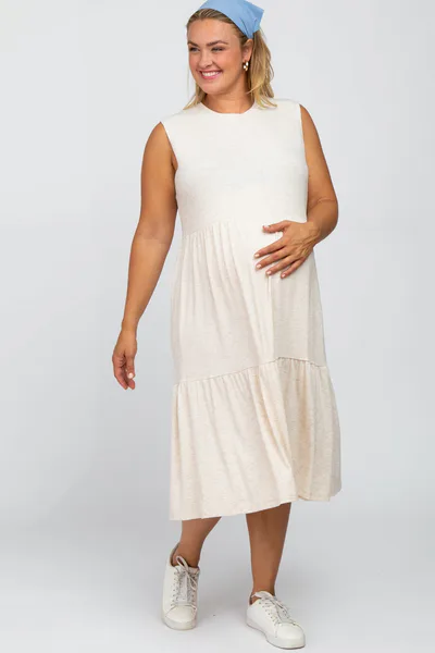 PinkBlush Beige Ribbed Sleeveless Plus Maternity Midi Dress