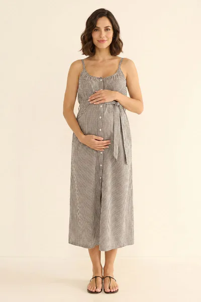 Summer Mae Summer Mae Gingham Maternity Midi Dress | Smocked Bodice Belted Bump Friendly Casual Dress