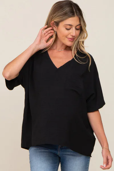 PinkBlush Black Oversized V-Neck Pocket Front Maternity Blouse