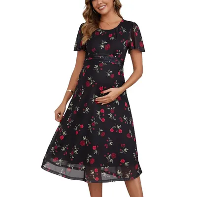 Target INSPIRE CHIC Women's Maternity Flowy Floral Dress Midi Photoshoot Formal Casual Pregnancy Dress 2026 Summer X-Large Black Dress & Red Rose