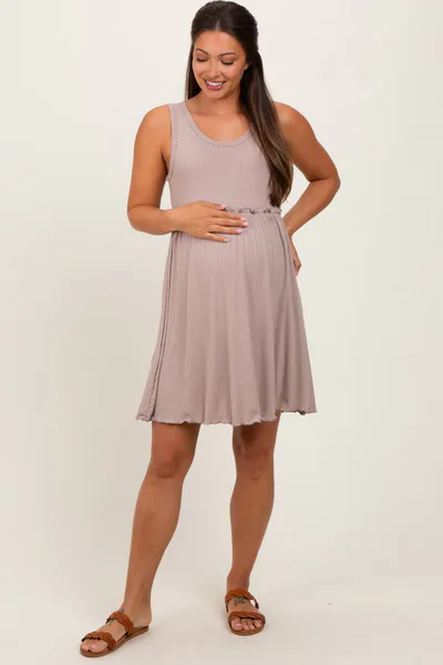 PinkBlush Taupe Ribbed Sleeveless Lettuce Trim Maternity Mini Dress
