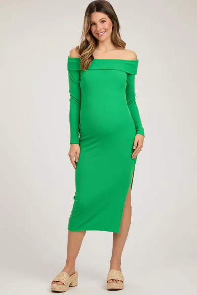 PinkBlush Green Ribbed Off Shoulder Side Slit Maternity Midi Dress