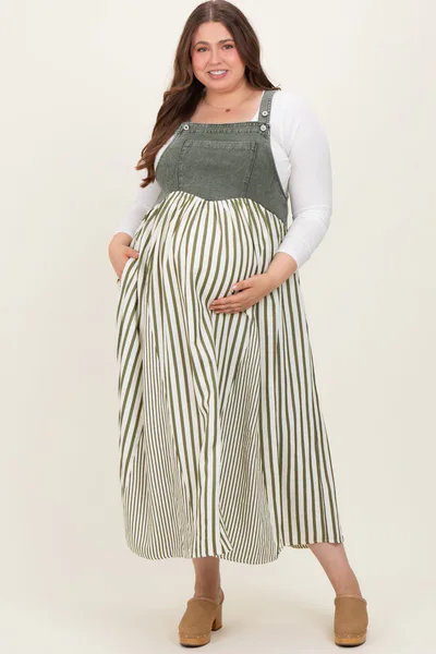 PinkBlush Olive Striped Colorblock Denim Contrast Maternity Plus Maxi Dress