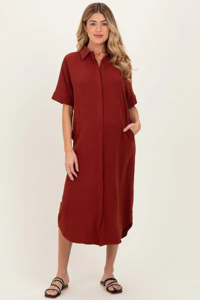 PinkBlush Brick Button Down Maternity Midi Shirt Dress