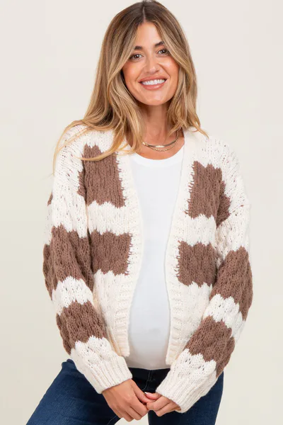 PinkBlush Brown Colorblock Chunky Knit Open Maternity Cardigan