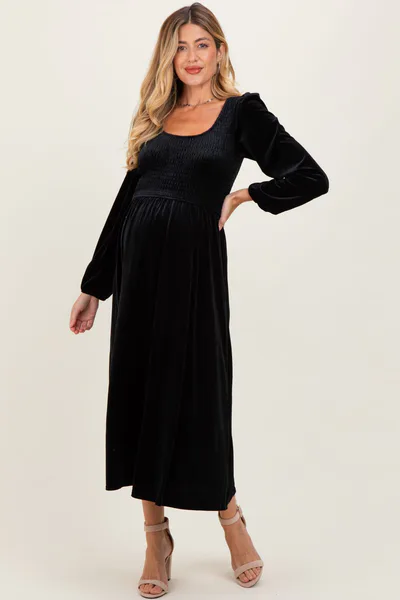 PinkBlush Black Velvet Smocked Long Sleeve Maternity Midi Dress