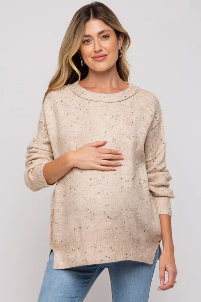 PinkBlush Beige Speckled Knit Maternity Sweater