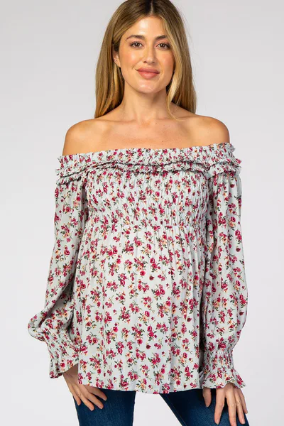 PinkBlush Light Blue Floral Off Shoulder Long Sleeve Maternity Top