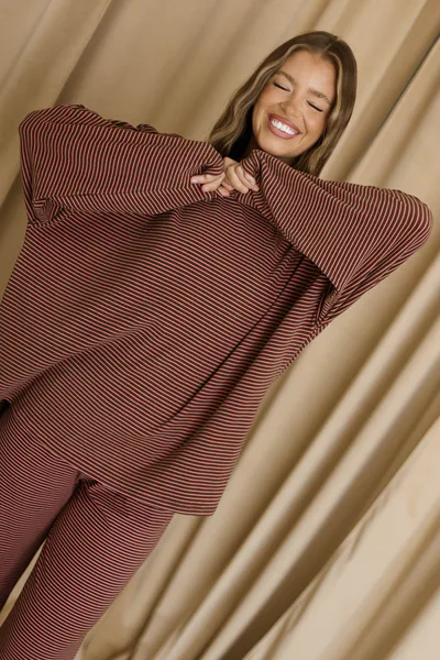 Worth Collective Naomi Mini Stripe Oversized Fleece Long Sleeve Top in Brown/Pink - Bump Friendly