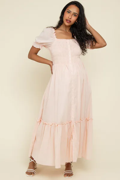 PinkBlush Light Pink Smocked Button Down Maternity Maxi Dress