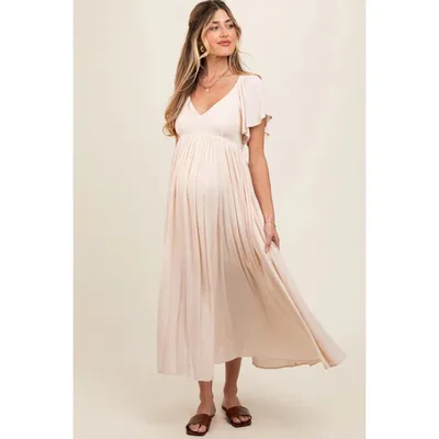 Target PinkBlush Cream V-Neck Flutter Short Sleeve Maternity Midi Dress Cream Medium