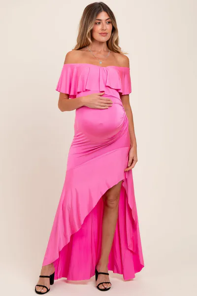 PinkBlush Fuchsia Off Shoulder Ruffle Hi-Low Maternity Maxi Dress