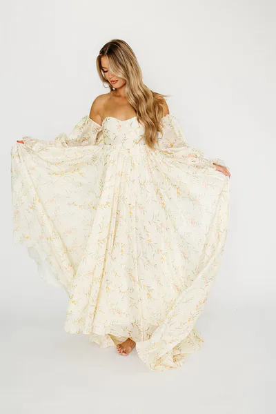 Worth Collective Delilah Maxi Dress With Train in Cream Floral - Bump Friendly
