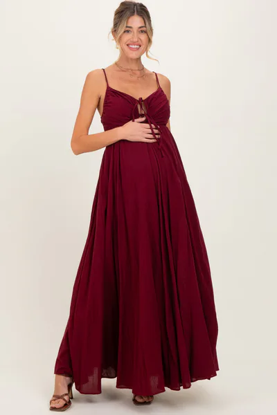 PinkBlush Burgundy Gathered Tie Front Maternity Maxi Dress