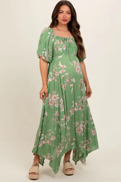 PinkBlush Light Olive Floral Puff Sleeve Maternity Maxi Dress