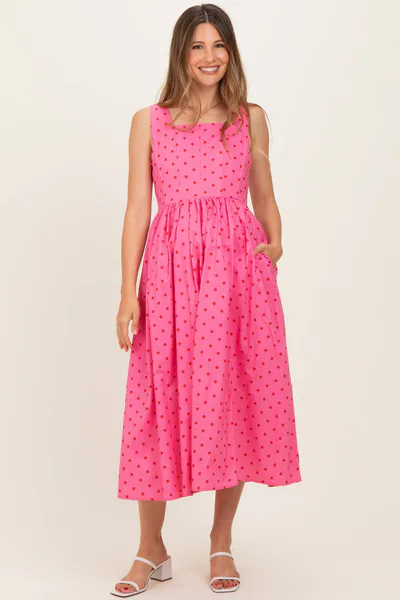 PinkBlush Pink Polka Dot Sleeveless Maternity Midi Dress
