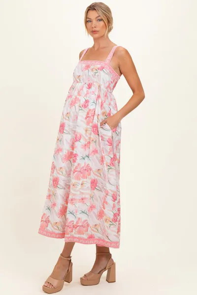 PinkBlush Coral Pink Floral Embroidered Maternity Maxi Dress