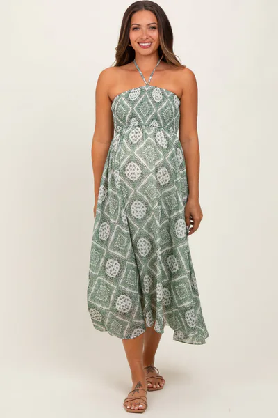 PinkBlush Green Printed Smocked Halter Maternity Midi Dress
