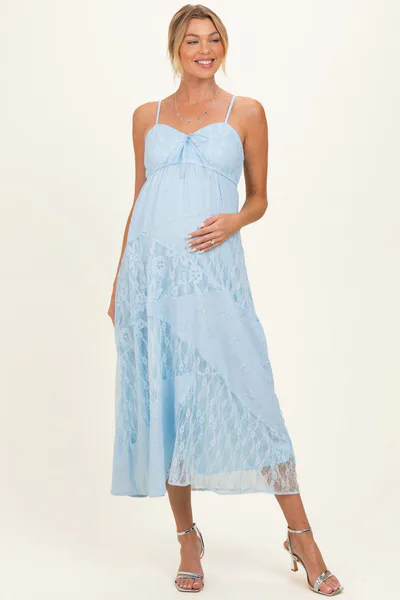 PinkBlush Light Blue Mixed Lace Sleeveless Maternity Midi Dress