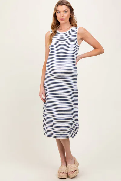 PinkBlush Navy Striped Knit Sleeveless Maternity Midi Dress
