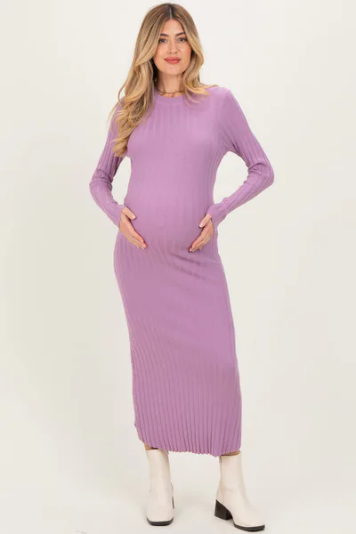 PinkBlush Purple Ribbed Knit Fitted Maternity Midi Sweater Dress