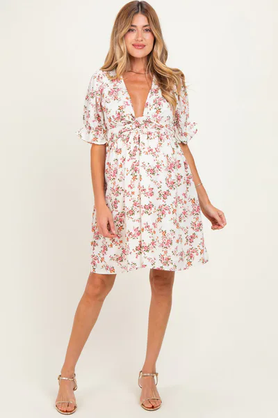 PinkBlush Ivory Rose Floral Maternity Wrap Dress