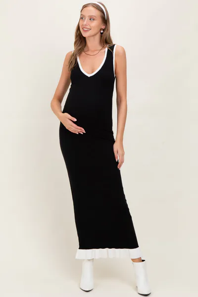 PinkBlush Black Knit V-Neck Contrast Ruffle Hem Maternity Maxi Dress