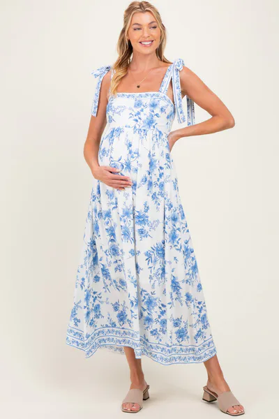 PinkBlush Light Blue Floral Shoulder Tie Maternity Midi Dress