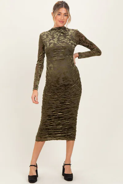 PinkBlush Olive Floral Velvet Mesh Ruched Maternity Midi Dress