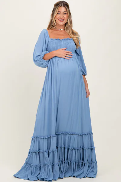 PinkBlush Blue Solid 3/4 Sleeve Smocked Top Tiered Maternity Maxi Dress