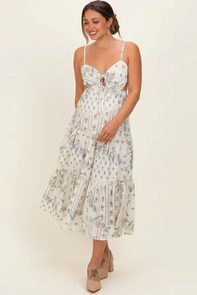 PinkBlush Ivory Floral Tiered Front Tie Maternity Midi Dress